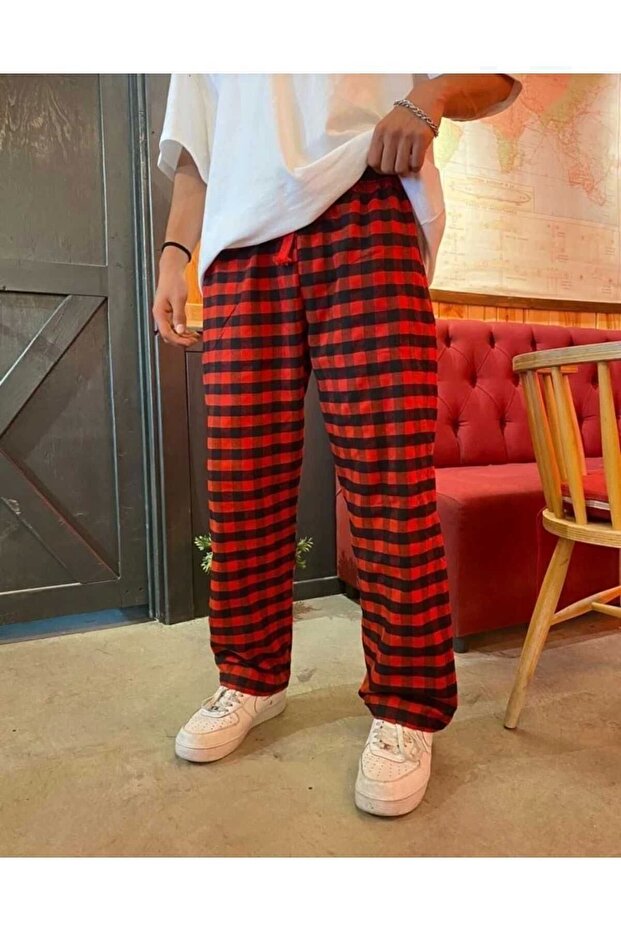 UNISEX RELAX CHECKED PLAID TRACKPANT BOTTOM RE7EDI