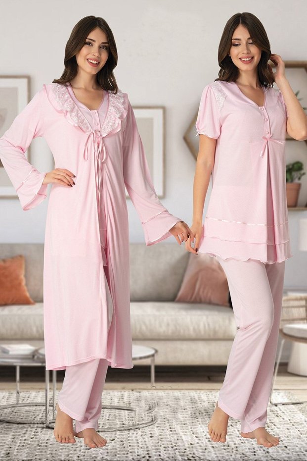 Women's Pink Lace Maternity Pajamas Set with Dressing Gown 8024