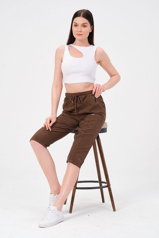 Bağcıklı Oversize Uzun Unisex Bermuda Şort Ham Bez Pamuklu Keten Kapri Şort - 1