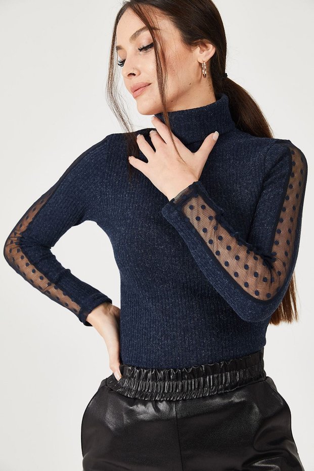 Women's Navy Blue Neck Sleeve Lace Detailed Knitwear Sweater ARM-21K001056