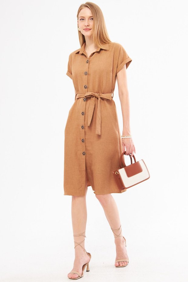 Women's Light Brown Linen Look Belted Short Sleeve Shirt Dress Arm-24Y001084