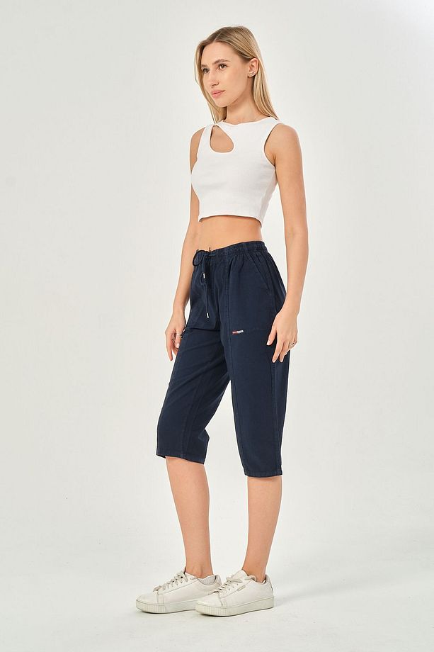 Bağcıklı Oversize Uzun Unisex Bermuda Şort Ham Bez Pamuklu Keten Kapri Şort - 4