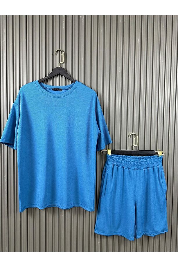 Erkek Petrol Mavi Fitilli Kumaş Tshirt Şort Takım - 1