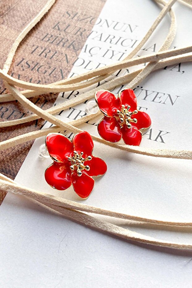 Red Pomegranate Flower Patterned Earrings