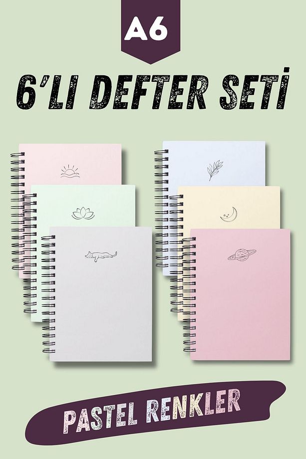 Pastel Renkler 6'lı Spiralli Cep Boy , Not Defter Seti , A6 , 80 Sayfa , Çizgisiz , Okul Defteri - 1
