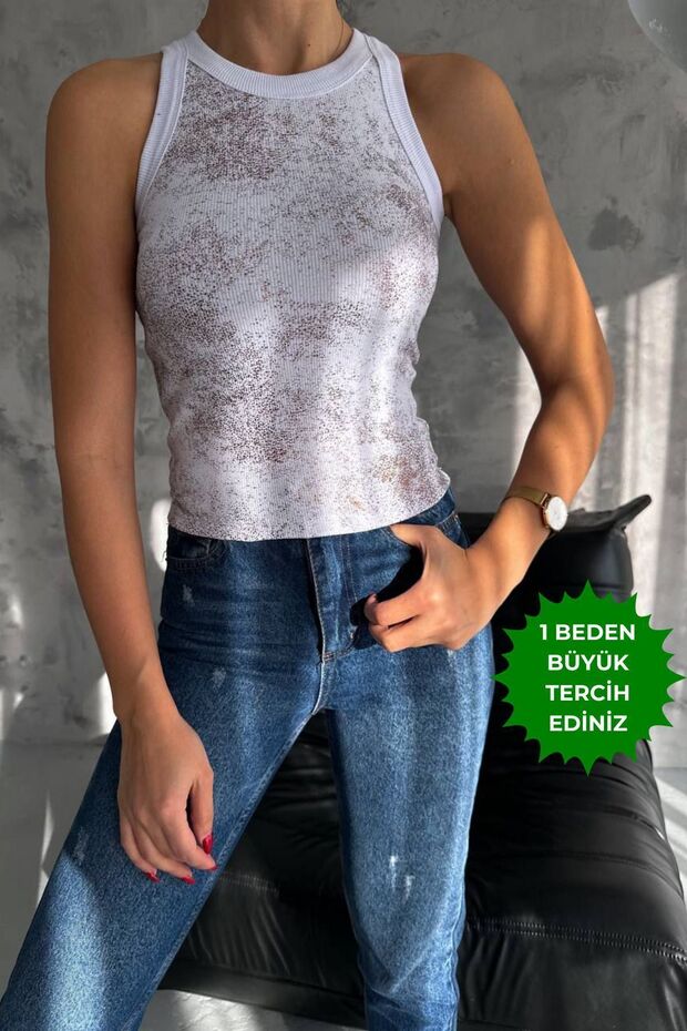 1065 White Glitter Printed Sleeveless Women's Bodysuit