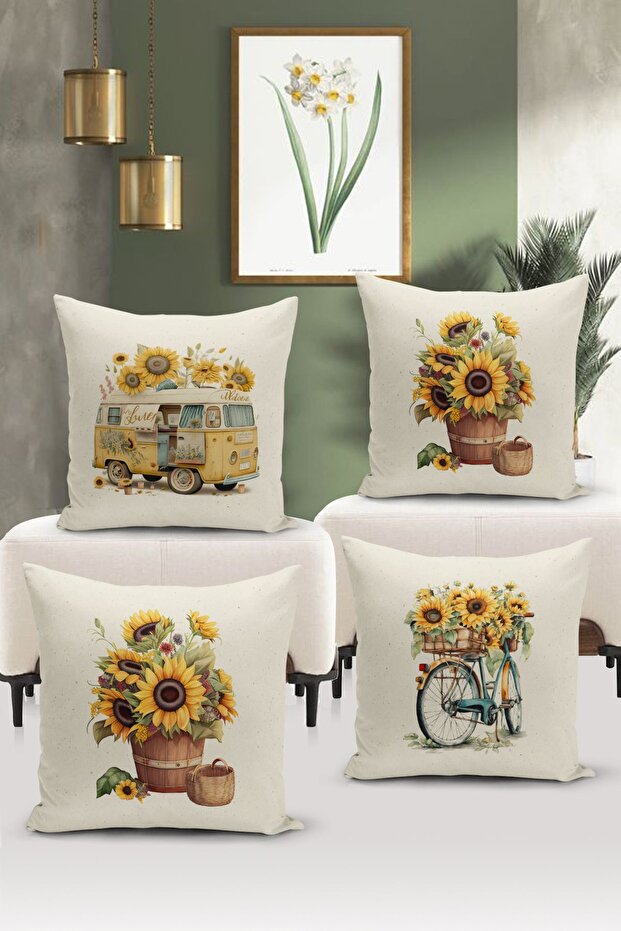 Flower/Vintage Series Double Sided Digital Printed 4-Piece Throw Pillow Case Set (Cushion Cover Set)