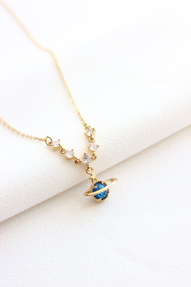 316L Stainless Steel Necklace - Planet Steel Necklace with Blue Opal Stone - Antiallergic - Tarnish Free Necklace