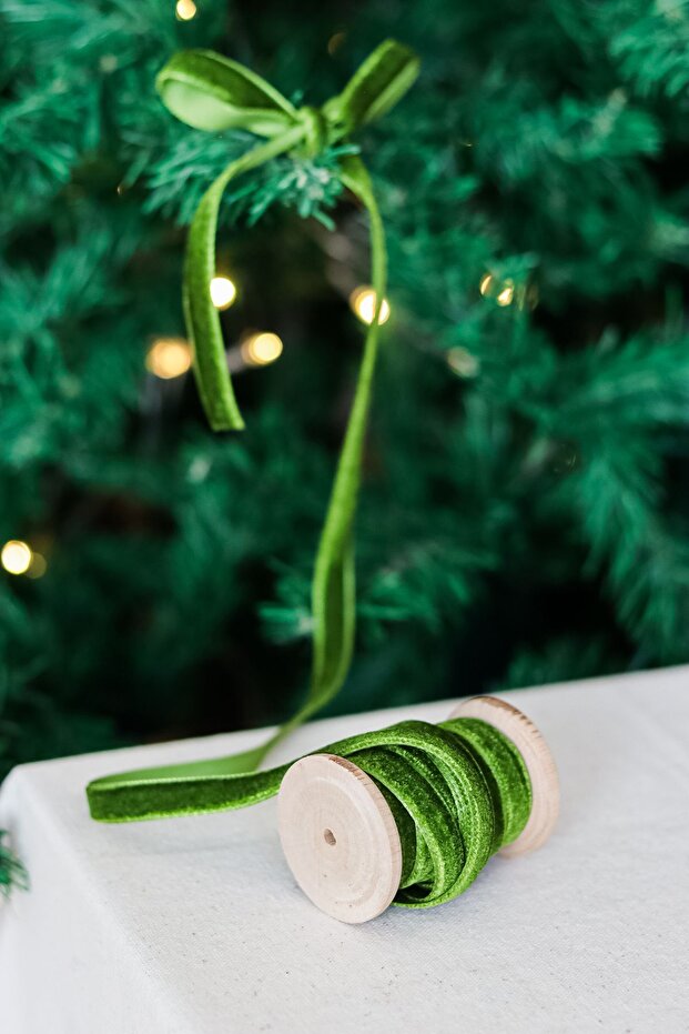 Christmas 2m Wooden Spool Velvet Ribbon Packaging Tree Ornament