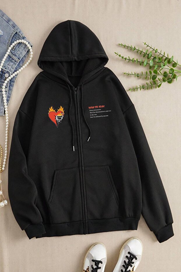 Unisex Women Men Hooded Burn To Head Printed Zipper Sweatshirt Fleece Jacket