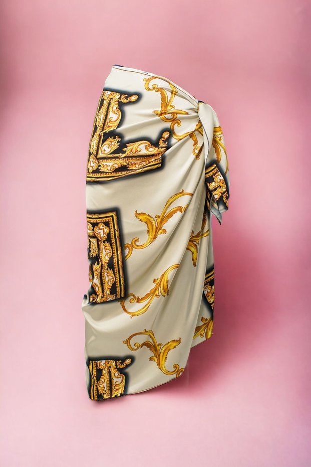 Iranian Green Yellow Motif Long Pareo Satin Women's Beach Dress New Season