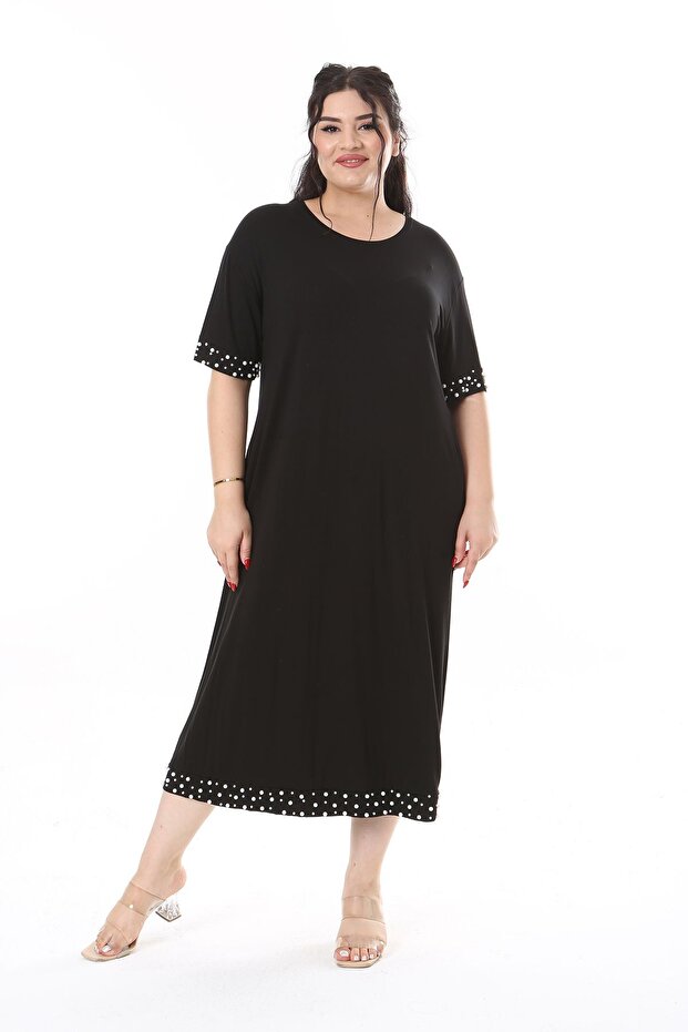Women's Plus Size Black Pearl Detailed Lycra Viscose Dress 65N38170