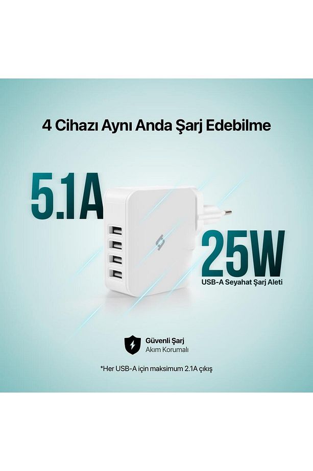 5.1a 25w 4x Usb Girişli Taşınabilir Şarj Adaptörü, Akım Korumalı Ve Isı Önleyici Şarj Başlığı - 2