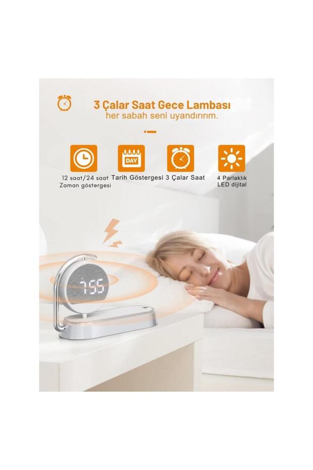 3in1 240mah 15w Kablosuz Şarj Ayarlanabilir Led Gece Lambası Masaüstü Dönebilen Çalar Saat - 2