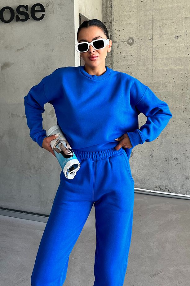 Unisex Sax Mavi Bisiklet Yaka Düz Oversize Alt-Üst Eşofman Takımı - 7