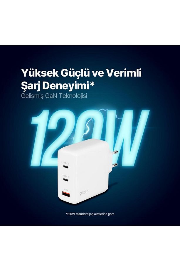 Süper Hızlı Gan 120w 2x Pd Type C Ve 1x Usb Girişli Şarj Aleti, Akım Ve Isı Korumalı Şarj Adapt - 2