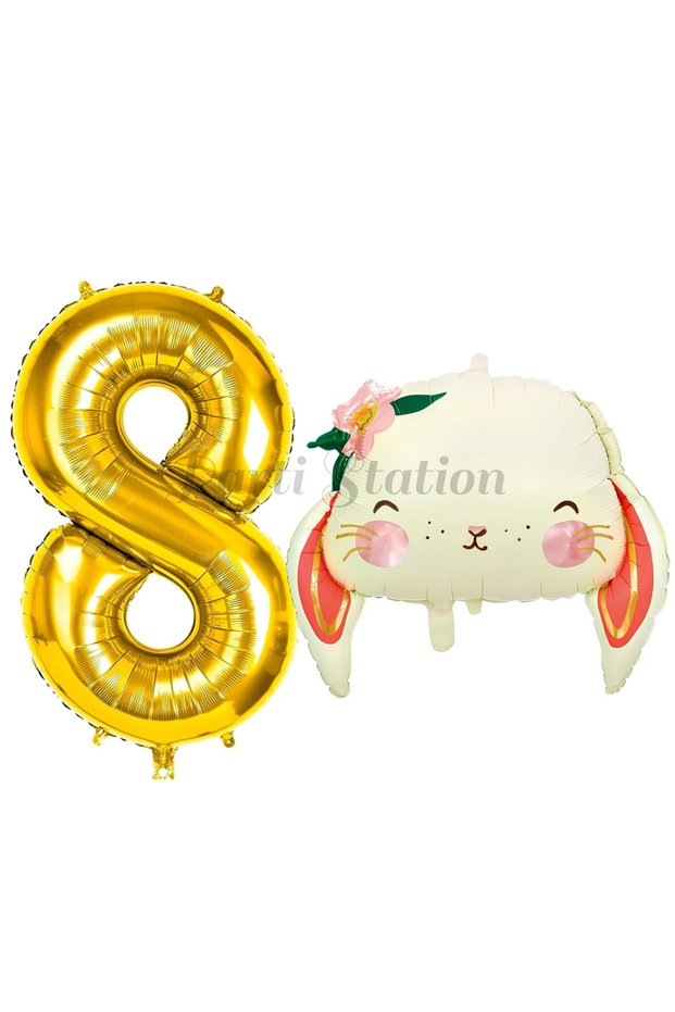 8 Year Old Rabbit Balloon Set - Woodland Animals Concept, Cute and Gold Color Figure