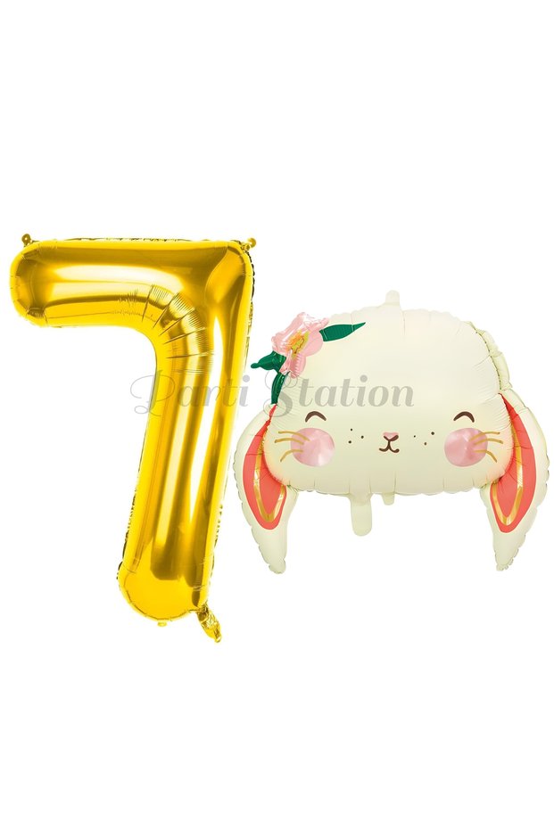 Cute Bunny 7 Years Old Balloon Set Woodland Animals Theme Bunny Balloon and Gold Colored Number Balloon