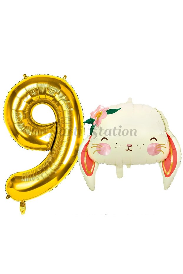 9 Year Old Rabbit Cute Balloon Set - Woodland Animals Concept, Gold Color