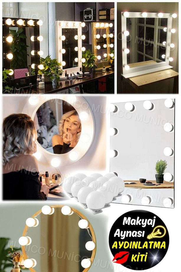 360° Dönebilen LED Makyaj Aynası - 10 Adet Yapışkanlı Ampul ile Eksiksiz Aydınlatma Masa Üstü Makyaj - 7