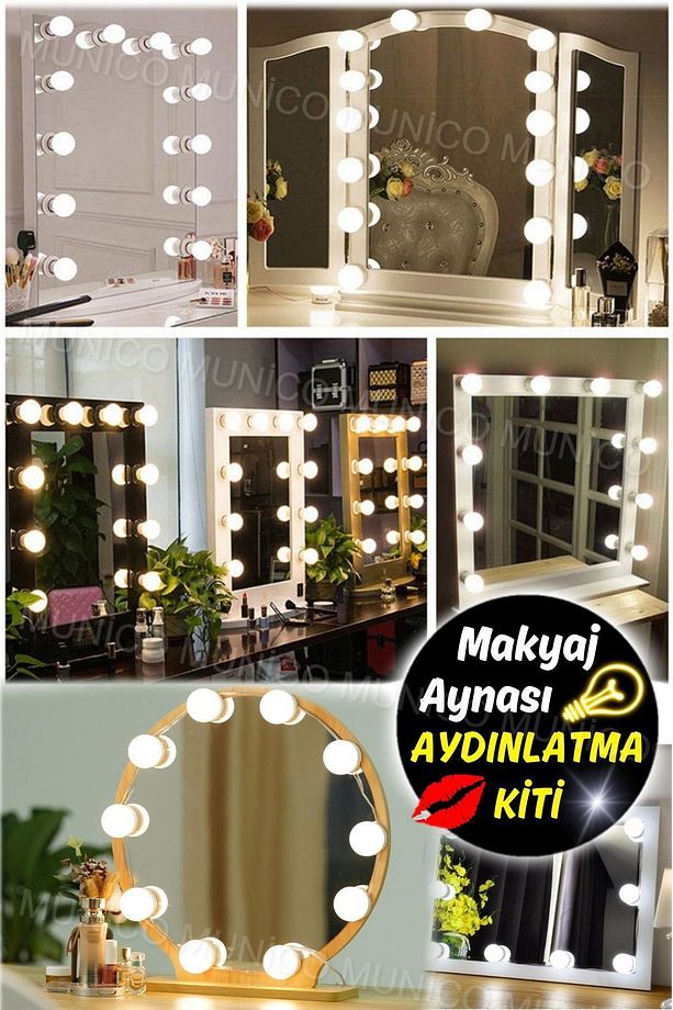 360° Dönebilen LED Makyaj Aynası - 10 Adet Yapışkanlı Ampul ile Eksiksiz Aydınlatma Masa Üstü Makyaj - 5