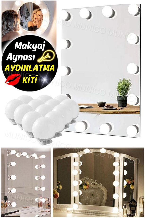 360° Dönebilen LED Makyaj Aynası - 10 Adet Yapışkanlı Ampul ile Eksiksiz Aydınlatma Masa Üstü Makyaj - 4
