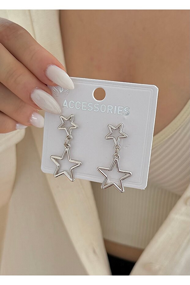 أقراط فضية متدلية على شكل نجمة مزدوجة - 2