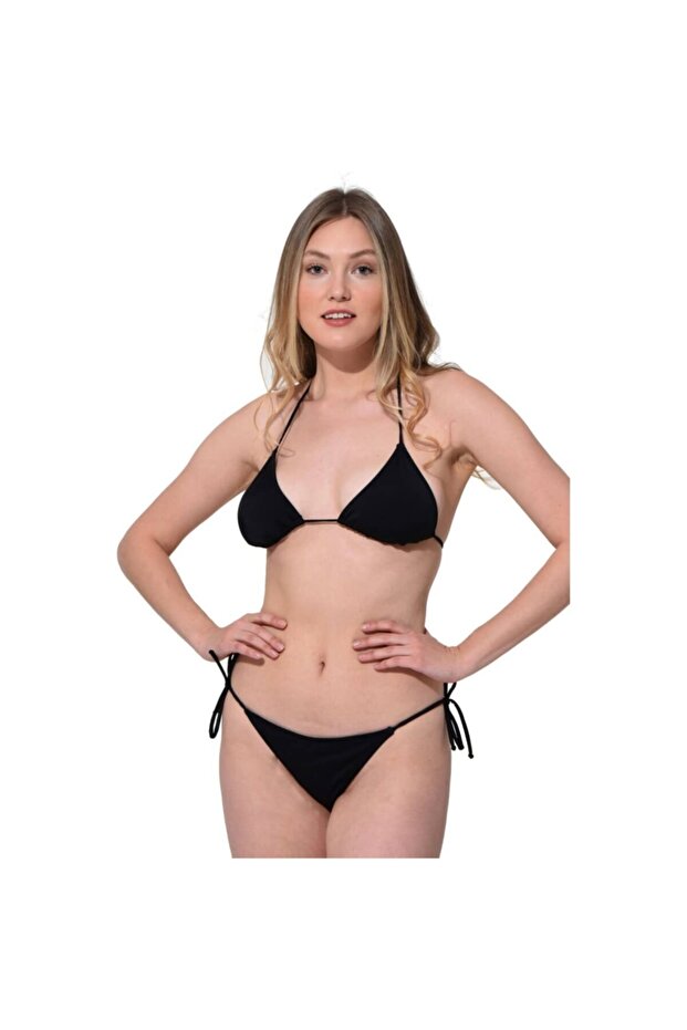 Plain String Tied Triangle Bikini 5026 Black - 1