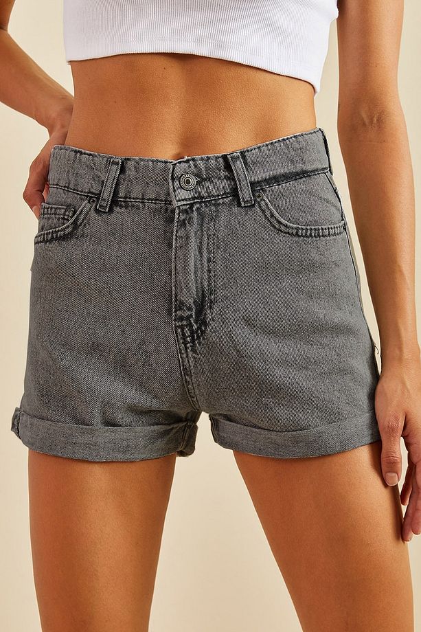 Kadın Gri Antrasit Yüksek Bel Paça Katlamalı Denim Kot Mini Şort - 3
