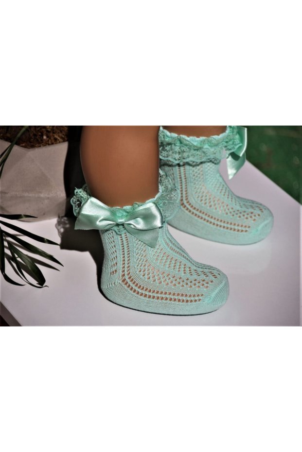 Ribbon Ruffle Tulle Detailed Fishnet Socks Girl / Baby Girl Mint Color