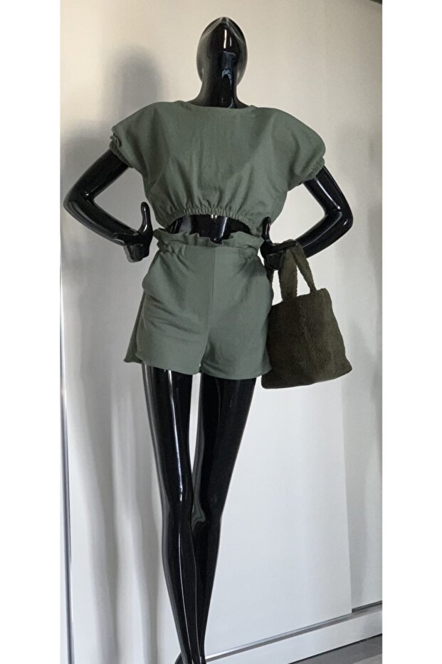 Linen Suit with Shorts Button and Pocket Detail