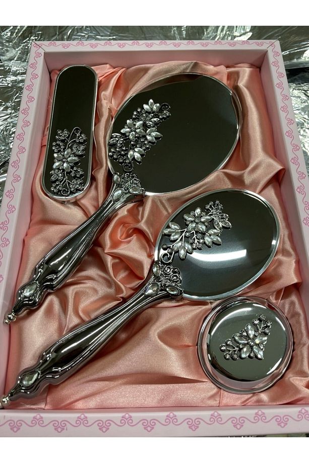 Saraylı Gümüş Renk Melisa Model Lüks Ayna Tarak Takımı 4’lü Set - 1