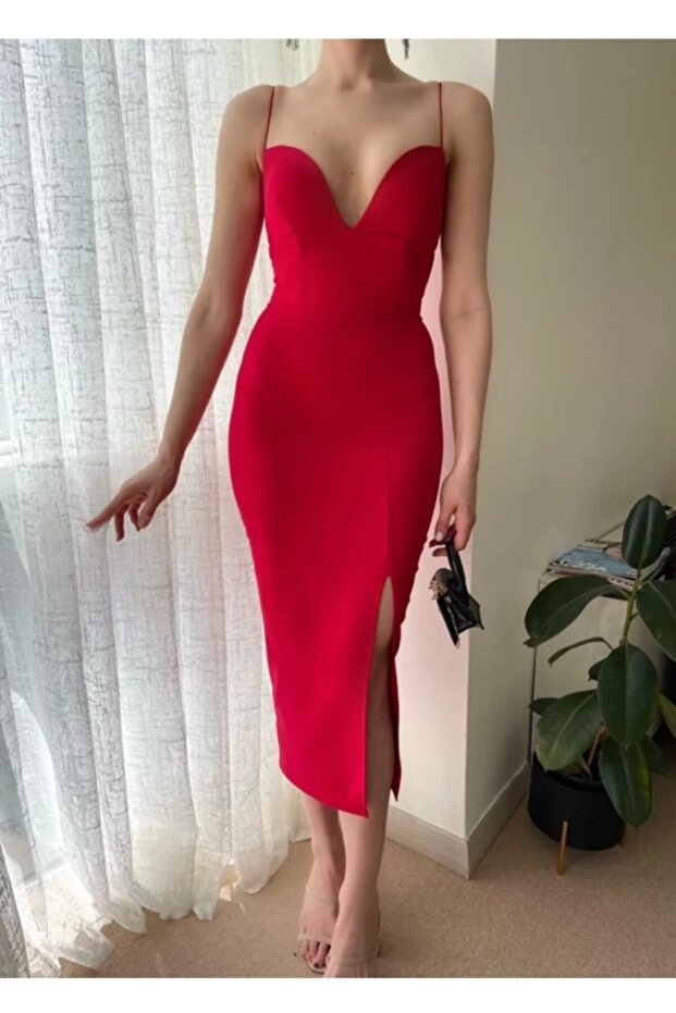 Red Rope Strap Low-cut Dress