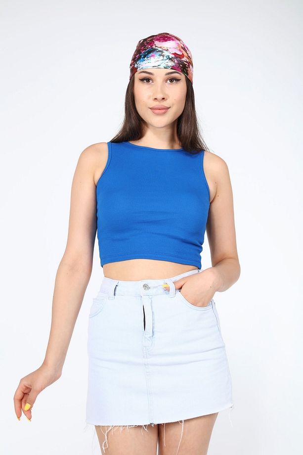 Kadın Mavi Basic Askılı Crop Top - 1