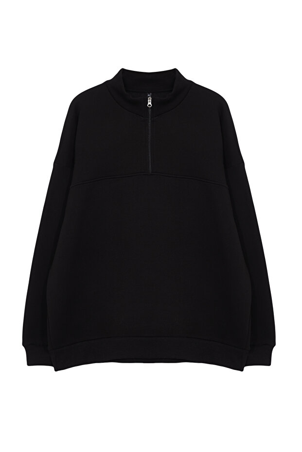 Büyük Beden Siyah Oversize/Geniş Kesim Fermuarlı Sweatshirt TMNAW25AO00028 - 6