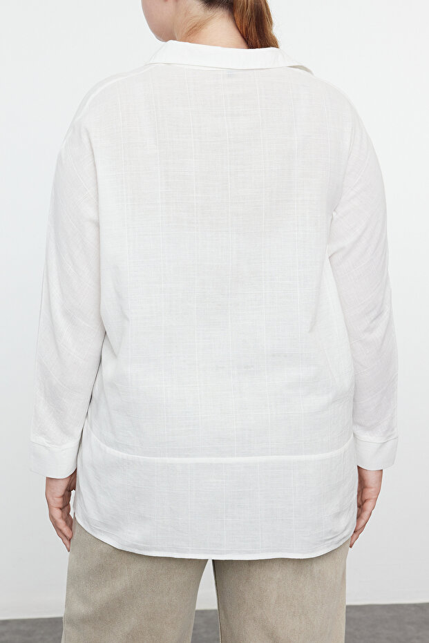Koszula damska w stylu lnianym, oversize, tkana, kolor ecru TEDAW25AX00000 - 4