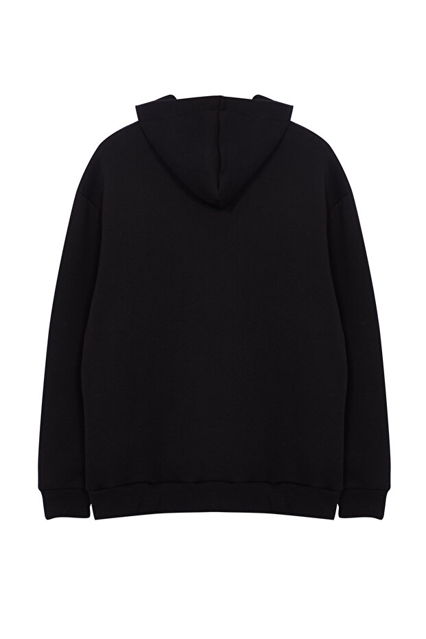 Siyah Oversize/Geniş Kesim Renk Bloklu City Baskılı Kapüşonlu Şardonsuz Sweatshirt TMNAW25SW00045 - 11