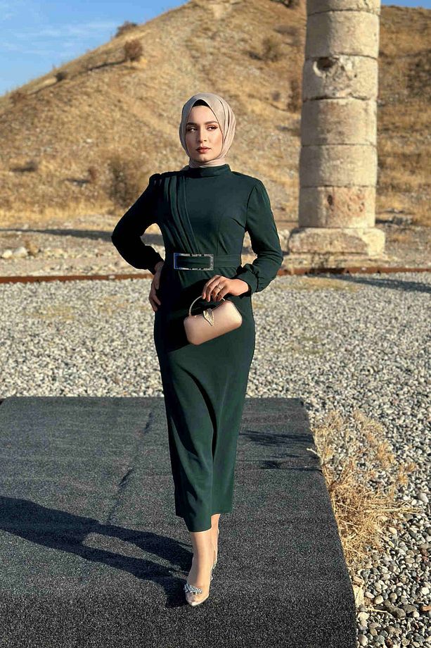 Hilal Krep Elbise - Zümrüt - 2