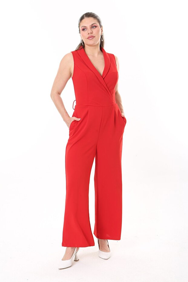 Women's Large Size Red Wrap Collar Wide Leg Jumpsuit 65N37734