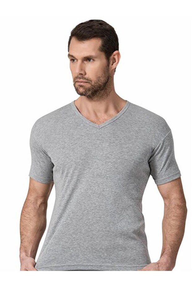 Gray Color Ribbed V-Neck Undershirt - 1