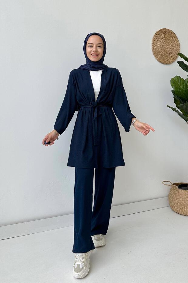 Fakir Arm Belted Kimono Double Set - Navy Blue