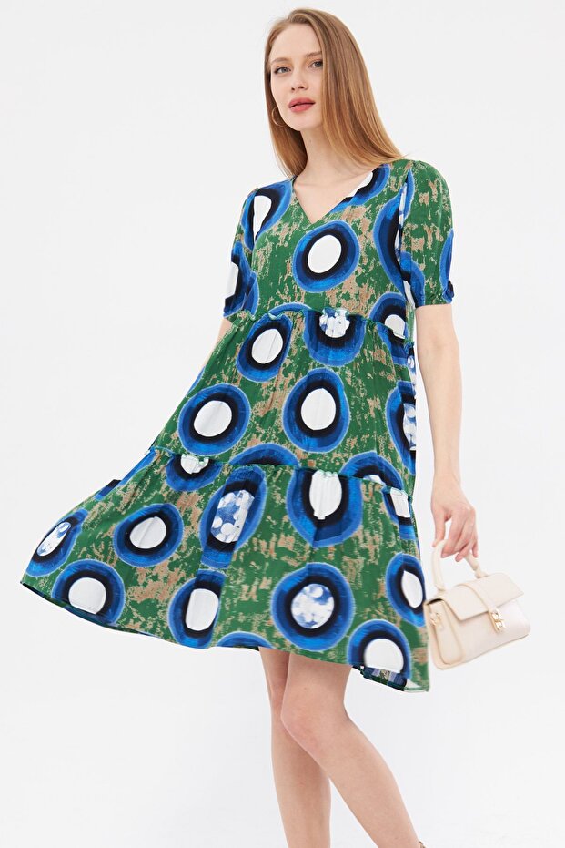 Women's Light Green V-Neck Short Sleeve Patterned Ruffle Dress Arm-24Y001014