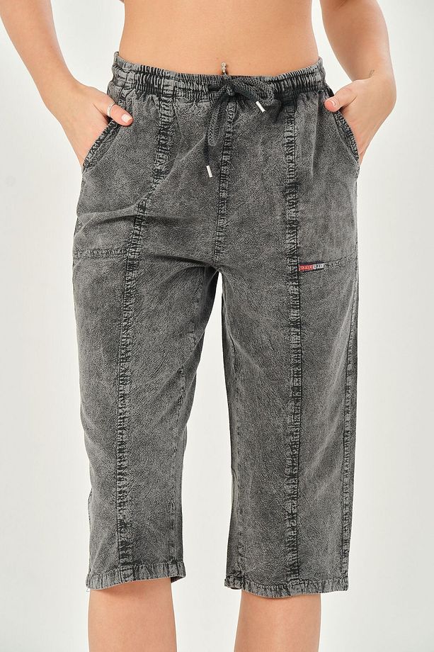 Bağcıklı Oversize Uzun Unisex Bermuda Şort Ham Bez Pamuklu Keten Kapri Şort - 5