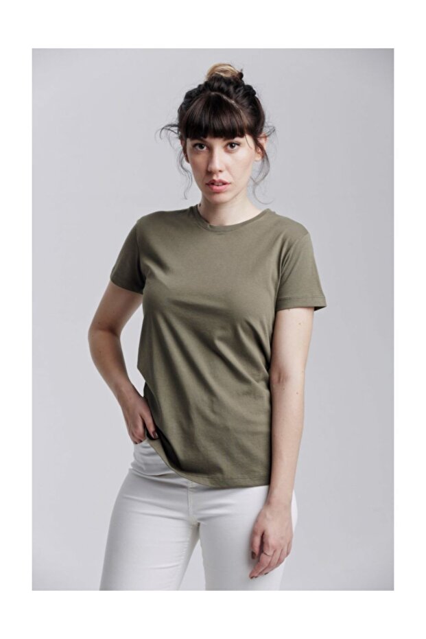 Klasik Bisiklet Yaka Basic T-shırt Haki - 1