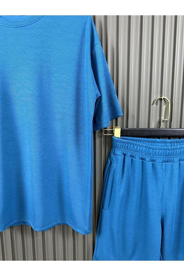 Erkek Petrol Mavi Fitilli Kumaş Tshirt Şort Takım - 3