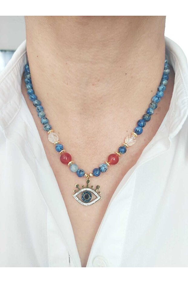 Steel Evil Eye Pendant Natural Stone Necklace