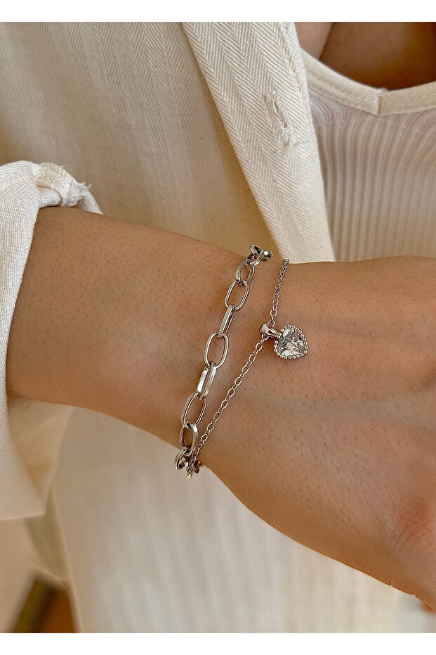 Silver 2-Piece Women's Bracelet with Heart Zircon Stones