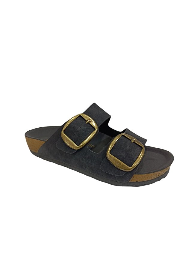 6958 Black Double Buckle Women's Slippers