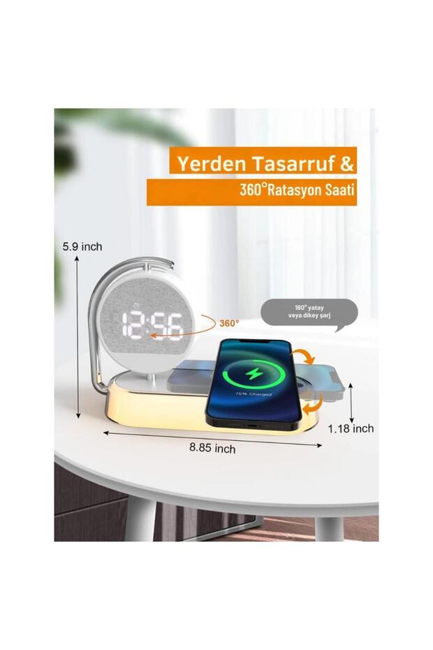 3in1 240mah 15w Kablosuz Şarj Ayarlanabilir Led Gece Lambası Masaüstü Dönebilen Çalar Saat - 5