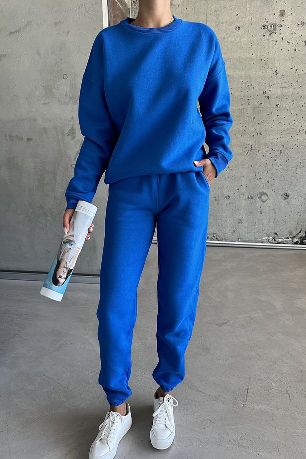 Unisex Sax Mavi Bisiklet Yaka Düz Oversize Alt-Üst Eşofman Takımı - 2